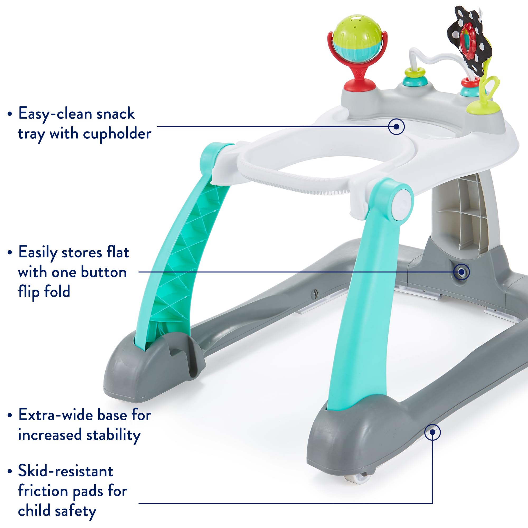 Kolcraft Tiny Steps 2 in 1 Foldable Infant and Baby Walker with Wheels, Seated or Walk Behind Activity Center, Entertaining Developmental Activities for Boys and Girls, Wide Base Sturdy Frame, Bubbles