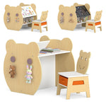 Costzon Toddler Table and Chair Set, 3-in-1 Bear Activity Desk Set w/Reversible Whiteboard & Chalkboard, Side Hooks, Open Shelf and Storage Drawer for Drawing Studying, Kids Table Set for Boys Girls