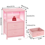 Fixwal Night Stand with Charging Station, LED Nightstand with U-S-B Ports and Outlets, 2 Fabric Storage Drawers with PU Finish, Small Bedside Table, Pink