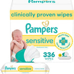 Pampers sensitive wipes packaging with a baby image on a white background