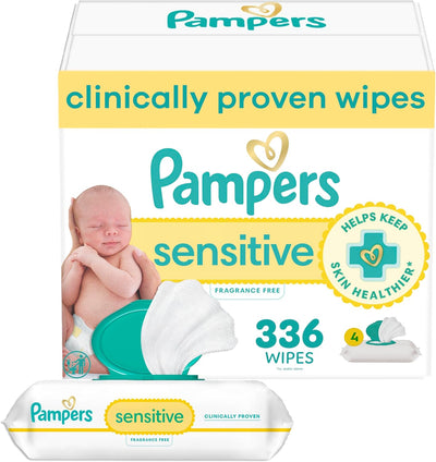 Pampers sensitive wipes packaging with a baby image on a white background