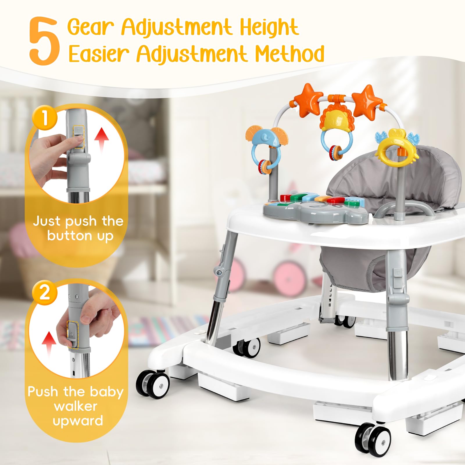 Wolfcode 5-in-1 Music and Lights Baby Walker Foldable with 5 Adjustable Heights, Baby Walker with Wheels and Bouncer Combo Portable, Infant Toddler Walker for Baby Boy Girls 6-18 Months