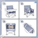Furmubei Portable Baby Booster Seat with Tray, Toddler Booster seat for Dining, Camping, Travel, Baby Beach Chair 6 Months to 3 Years Old Indoor Outdoor Use Grey