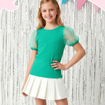 PATPAT Girls Puff Sleeve Top Size 9-10 Ribbed Short Sleeve Green Lace Blouse Girls Green Dress Shirt Cute Kids Clothes Smocked Blouse Cute Tops