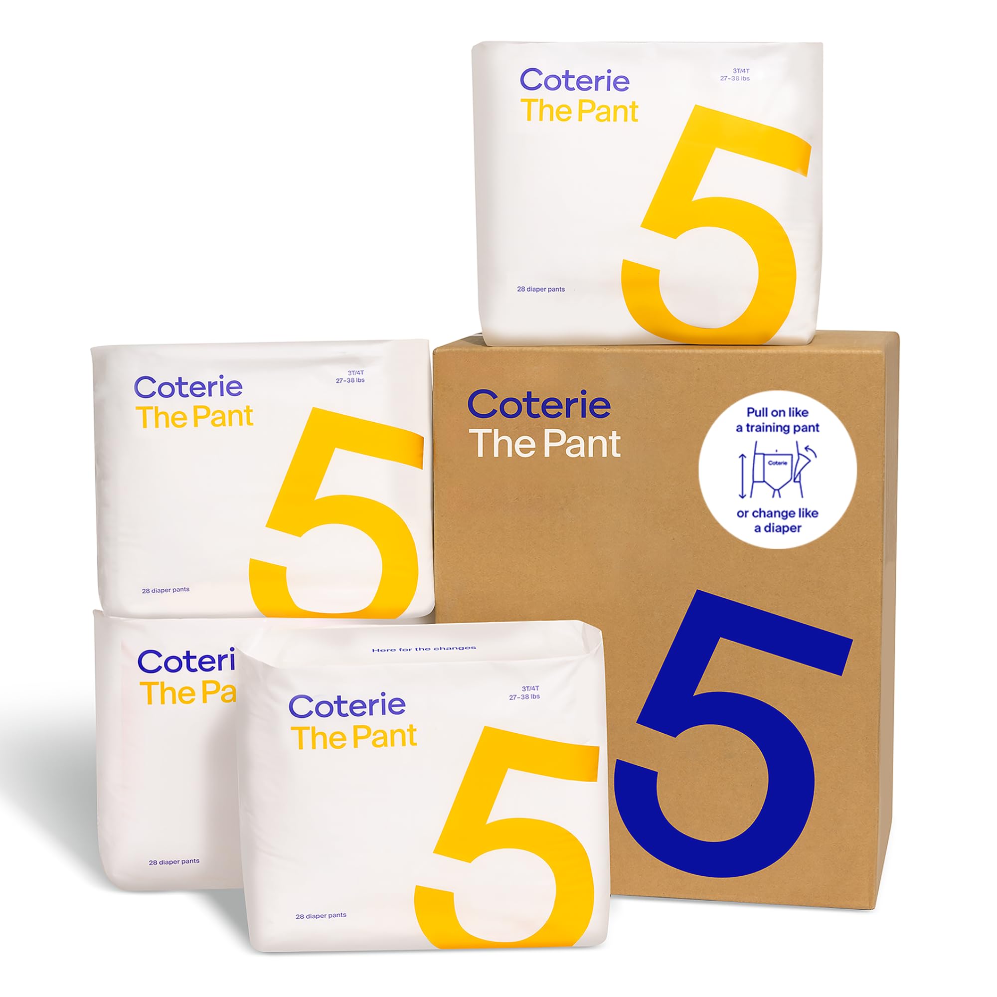Coterie The Pant, Size 5, Refastenable Training Pants for Sensitive Skin, Hypoallergenic, Super Absorbent Overnight Leak Protection, 3T/4T (27-38 lbs) 112 Count