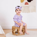 FOCUSNORM Newborn Infant Baby Girls Summer Outfit Ribbed Short Sleeve Romper + Floral Elastic Waist Shorts + Headband Sets (Flower Purple, 0-3 Months)