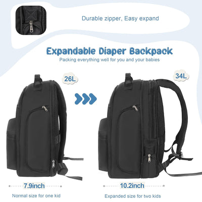 Diaper Bag Backpack with Changing Pad & Waist Bag, Large Diaper Bag Expandable for 2 Kids/Twins, Scientific Partition | Portable Side Access, Lightweight Travel Diaper Backpack for Mom Dad
