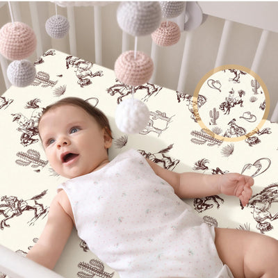 VitalCozy 4 Pcs Vintage Western Cowboy Bassinet Sheets Set 32 x 16 x 3 Inches Sheets for Standard Bed Toddler Mattresses Soft Breathable Cute Print Newborn Bedding for Girl Boys
