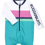 RUGGEDBUTTS Island Blue Color Block Long Sleeve One Piece Rash Guard - 3-6m