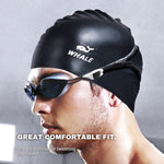 WHALE Extra Large Swim Cap for Women Men, Durable Silicone Swimming Hat with Ear Protection, Unisex Adults Bath Swimming Caps for Long Thick Curly Hair & Dreadlocks Braids Weaves Afro Hair (Black)