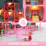 Randhar Doll House for Girls with Lights, 3 Dolls, 4 Floors -13 Rooms, 7 Sets of Furniture and Accessories, Design and Build Gift for 3 4 5 6 7 8+ Year Old Girls