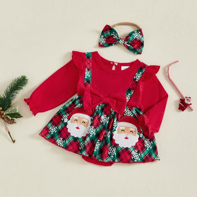 Ledy Champswiin Newborn Baby Girl Christmas Clothes Romper Dresses Ruffle Sleeve Onesie with Headband Infant Christmas Outfit