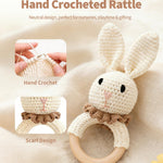 Baby Rattle Toys, Handcrafted Crochet Bunny Rattles with Wooden Teething Ring, Organic Newborn Toy Crochet Stuffed Animal Rattle Baby Announcement Ideas, Beige