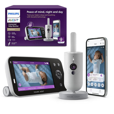 Philips Avent baby monitor system with display, camera, and smartphone app on a white background