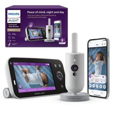 Philips Avent baby monitor system with display, camera, and smartphone app on a white background