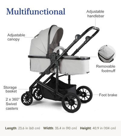 2-in-1 Convertible Baby Stroller with Bassinet Mode, Toddler Stroller with Reversible Seat, Foldable Infant Stroller with Adjustable Canopy, Cup Holder, Mommy Bag, Bassinet Pram for 0-36 Months, Grey