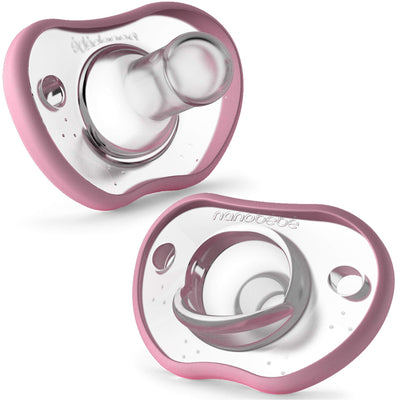 Two pink and clear baby pacifiers on a white background