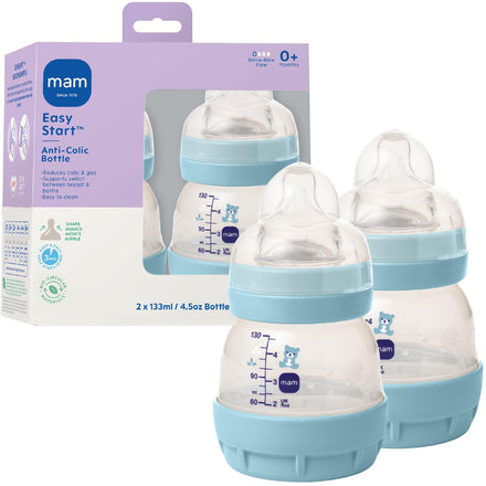 Mam baby bottles with packaging on a white background