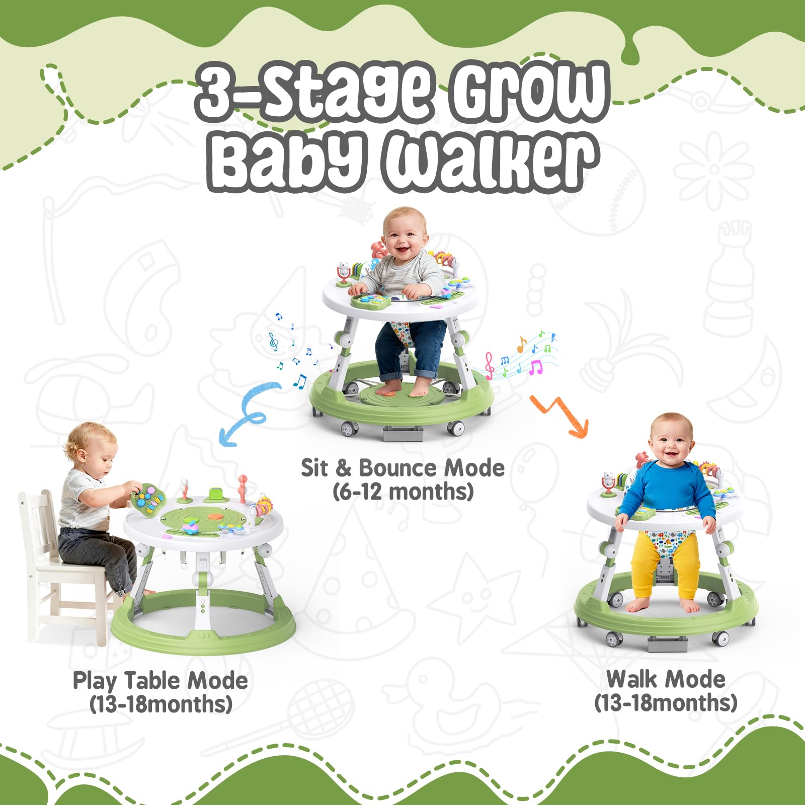 Baby Walker Foldable, 4-in-1 Toddler Infant Walkers with Wheels, 360-degree Rotatable Play Tray, for Boys and Girls 6-18 Months- Activity Center, 3-Gear Height Adjustable, Music and Lights(Green)