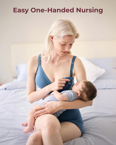 Momcozy CoolFit Nursing Bras for Breastfeeding, Fixed Padding Ultra Stretch Seamless Jelly Strip Maternity Bra, Wireless Nordic Blue