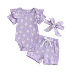 FOCUSNORM Newborn Infant Baby Girls Summer Outfit Ribbed Short Sleeve Romper + Floral Elastic Waist Shorts + Headband Sets (Flower Purple, 0-3 Months)