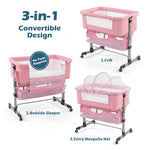 nordmiex 3 in 1 Travel Baby Crib,Baby Bed with Breathable Net,Adjustable Portable Bed for Infant/Baby with Detachable Mosquito net and Mattress,Pink