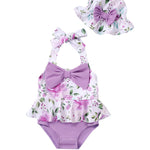 Infant Girl Swimsuit Baby Bathing Suit Set Purple One Piece Swimwear Bow Tie Flower Bikini 3-6 Months Baby Girl Swimsuit with Hat