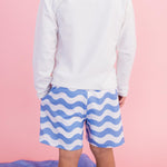 RUGGEDBUTTS Boys UPF50+ Stretch Neon Swim Trunks - Periwinkle Blue Wavy Stripe, 3-6m