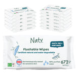 Naty Flushable Baby Wipes | 98% Water, Hypoallergenic & Natural for Sensitive Skin | Unscented, Fragrance-Free, Plant-Based | Plastic-Free, Water-Degradable | Newborn & Toddler | 672 Count (12 Packs)