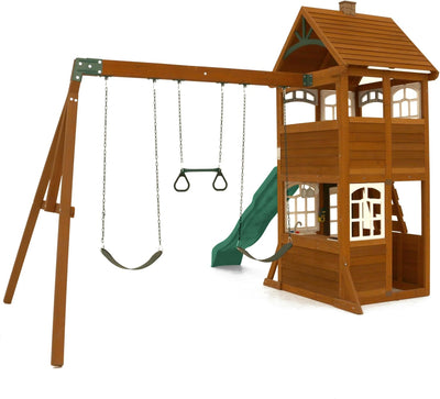 KidKraft Kennedy Springs Wooden Outdoor Swing Set with Slide and Rock Wall