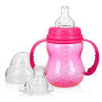 Pink baby sippy cup with two clear silicone nipples on a white background
