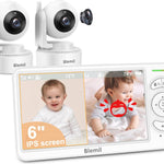 6" Baby Monitor with 2 Cameras and Audio 30 Hours Battery Upgrade Split Screen Video Baby Monitor Remote Pan-Tilt-Zoom 178°Wide-Angle 150 Languages No WiFi ECO 2-Way Talk Night Vision 1000ft Travel