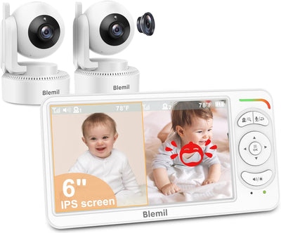 Baby monitor with two cameras and a display showing a baby, branded as Blemil.