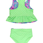 RuffleButts Baby/Toddler Girls UPF50+ Sun Protected Reversible Peplum 2 Piece Sleeveless Tankini - Neon Paisley Pop, 2T