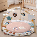 Blissful Diary Baby Play Gym & Activity Mat, 5 Developmental Zones Wooden Tummy Time Mat with 6 Detachable Sensory Toys for Motor Skills & Sensory Development, Baby Essentials Shower Gift, Pink