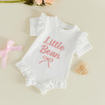 CREAIRY Little Bean Newborn Baby Girl Outfits Waffle Knit Ruffle Bow Short Sleeve Romper Bodysuit Shirt Summer Clothes (White, 12-18 Months)