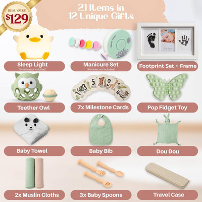 New Baby Gift Basket 21-Piece Set | TOP Newborn Baby Gift Set for Boy & Girl | Gender Reveal Gifts & New Mom Gifts Bundle | Essential Newborn Toys & Accessories Included in Elegant Keepsake Magnet Box