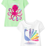 The Children's Place,and Toddler Girls Short Sleeve Multi Color Graphic T-Shirt, 2 Pack,Peacock/Count with Me,12 Months,18 Months
