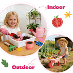 CUTE STONE Kids Gardening Tool Set, Pink Wheelbarrow with Garden Toys with Watering Can, Gloves, Hand Rake, Shovel, Trowel, Outdoor/Indoor Pretend Play Toys for Toddlers Boys Girls Age 3+
