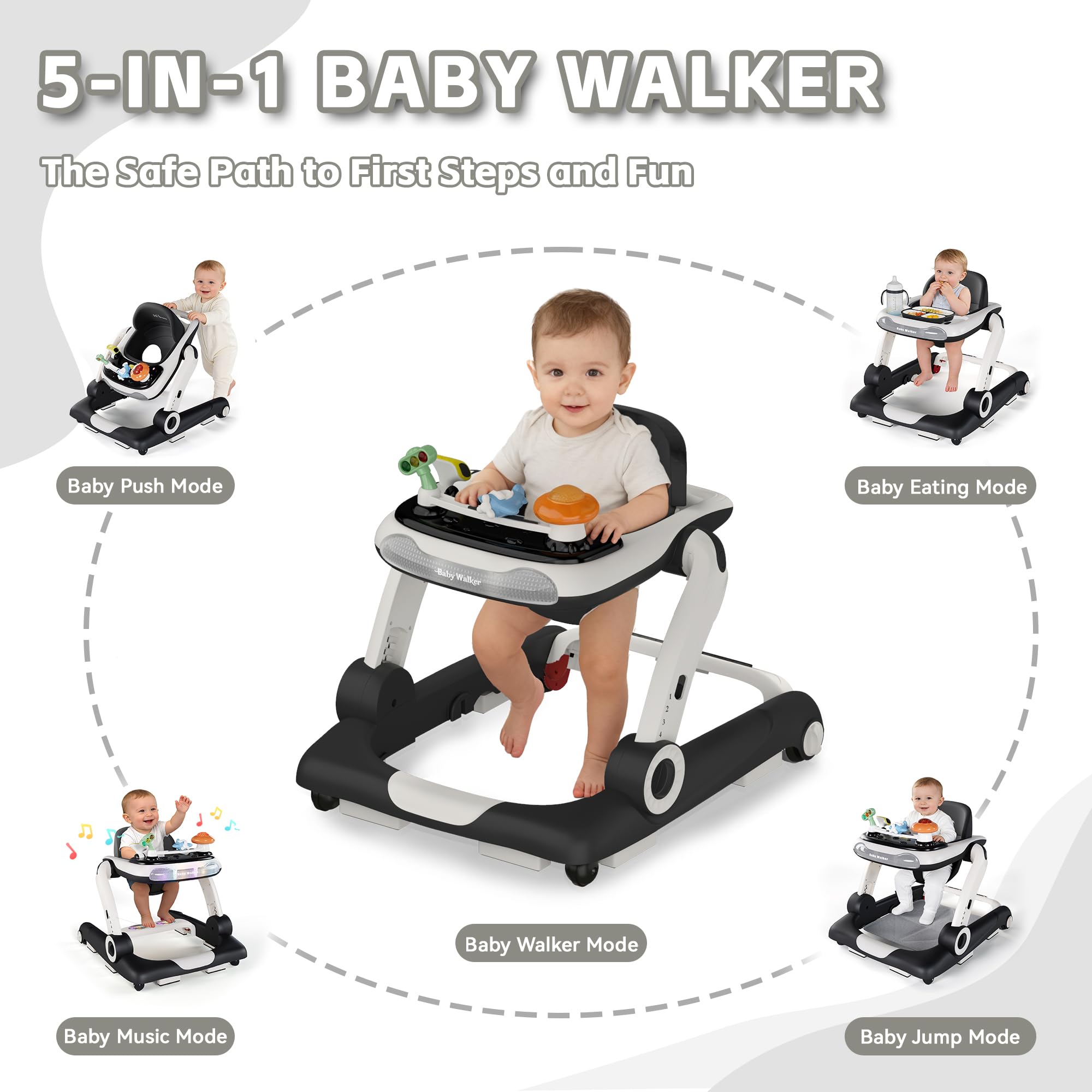 Baby Walker,4-Gear Height Adjustable Baby Walker with Wheels,5 in 1 Baby Activity Center,Music and Lights Bouncer Walker for Baby Boy 6-18 Months,Adjustable Speed Baby Push Walker