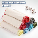 Zopeal 32 Pcs Flannel Cloth Baby Wipes Reusable Dispenser Washable Soft Natural Unbleached Baby Face Cloth Wipes 8 Colors Outer Stitching 8 x 8 Inches