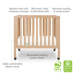 Newton Baby Galileo Mini Crib Solid Beech Wood with Wheels in Natural Color, Mini Crib Mattress Included, Adjustable Mattress Height, Ultra-Safe Non-Toxic Finish