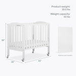 Dream On Me 2-in-1 Folding Portable Compact Mini Baby Crib in White, GreenGuard Gold & BSA, US Patented Flat Folding System, Locking Wheels,1″ Mattress Pad, Space-Saving Quck Fold Easy Storage