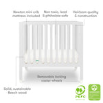 Newton Baby Galileo Mini Crib Solid Beech Wood with Wheels in White Color, Adjustable Mattress Height, Ultra-Safe Non-Toxic Finish, Mini Crib Mattress Included
