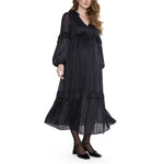 Motherhood Maternity Women's Long Sleeve V-Neck Tiered Maxi Pregnancy Dress with Drawstring, Black, Medium