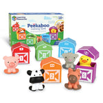 Learning Resources Peekaboo Learning Farm toy set with colorful barns and farm animals on a white background.