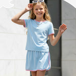 PATPAT Girls 2 Piece Outfits Size 7-8 Years, Blue Pink Color Block Tshirts and Skorts Clothing Sets, Girls Summer Outfits, Trendy Clothes Skirt Sets Summer Clothes Lounge Sets