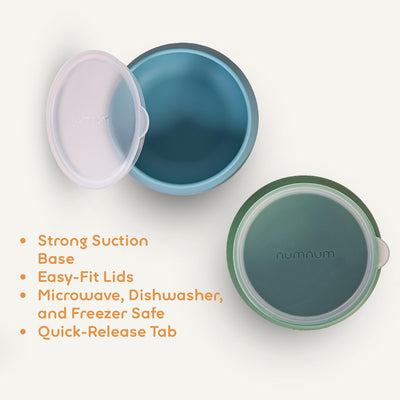 NumNum Suction Bowls for Babies & Toddlers, Extra Strong Non-Slip Suction, 100% Food-Grade Silicone, BPA-Free, Microwave & Dishwasher Safe, Baby-Led Weaning Bowl, 3-Pack With Lid, Blue/Mauve/White
