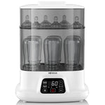 Baby bottle sterilizer with multiple bottles inside on a white background
