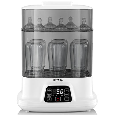 Baby bottle sterilizer with multiple bottles inside on a white background
